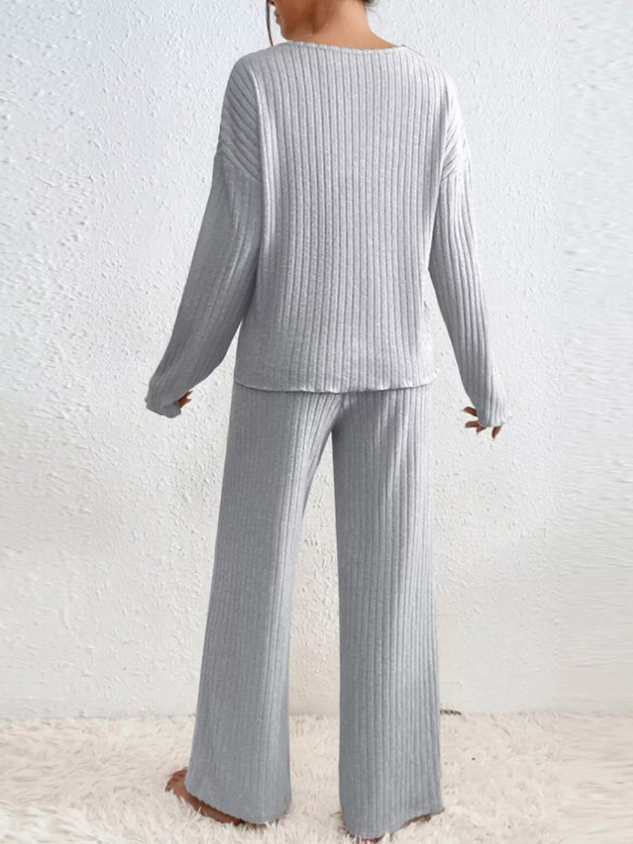 Ribbed Knit V Neck Top and Pants Set