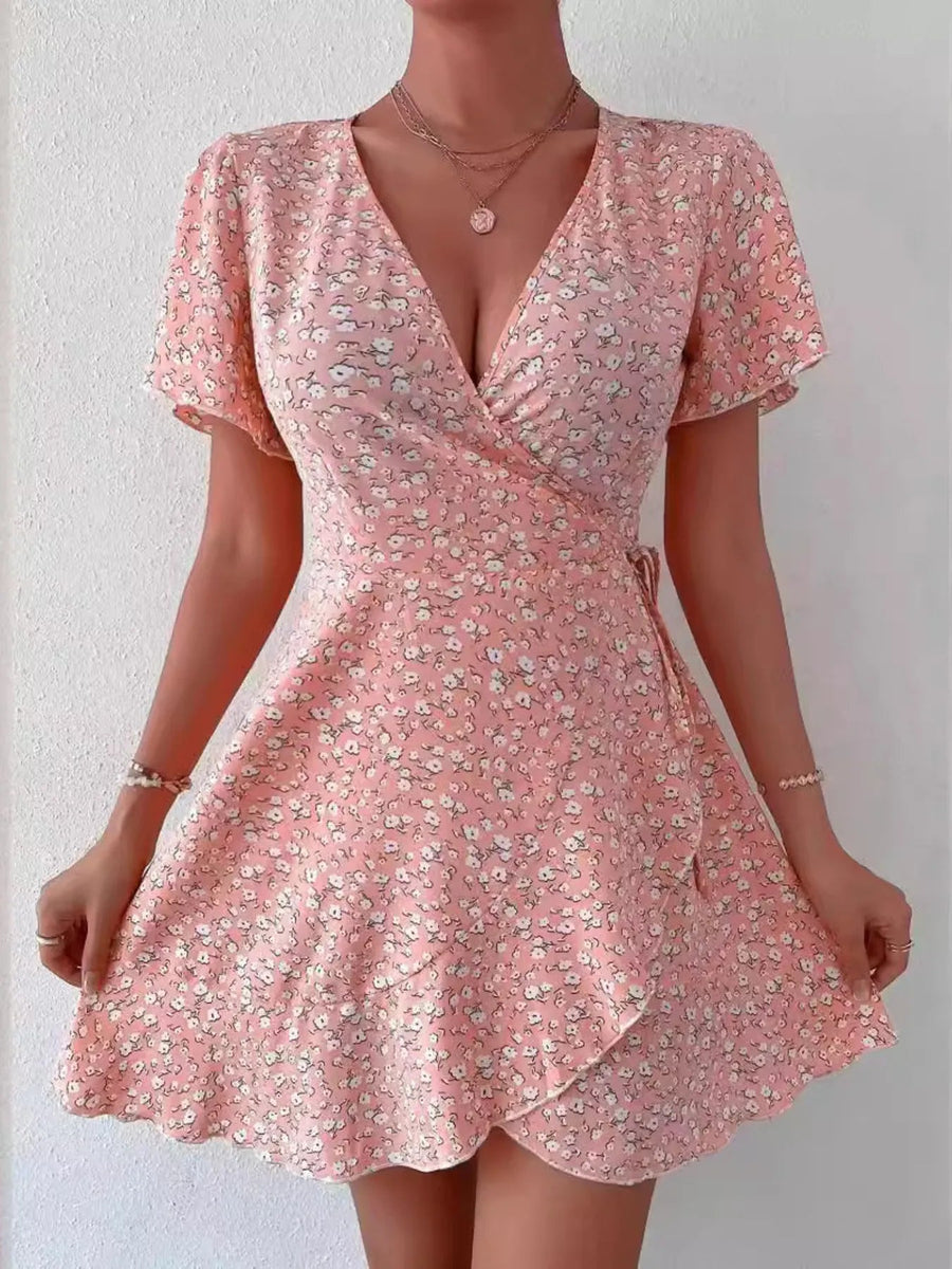 Floral Flutter Sleeve Wrap Mini Dress
