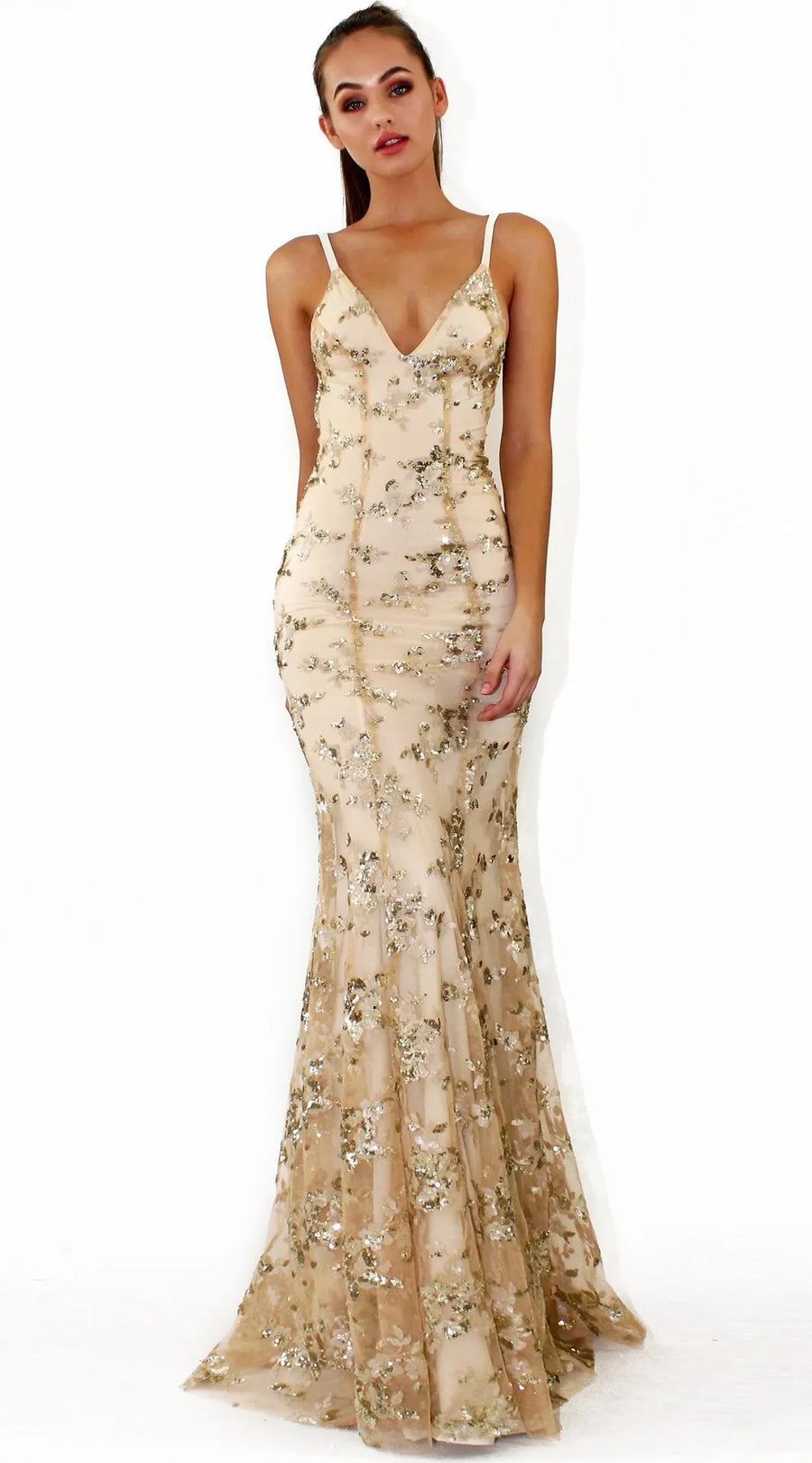 Women's Sequin Mermaid Maxi Dress - Deep V-Neck with Open Back Lace-Up and Fishtail Hem