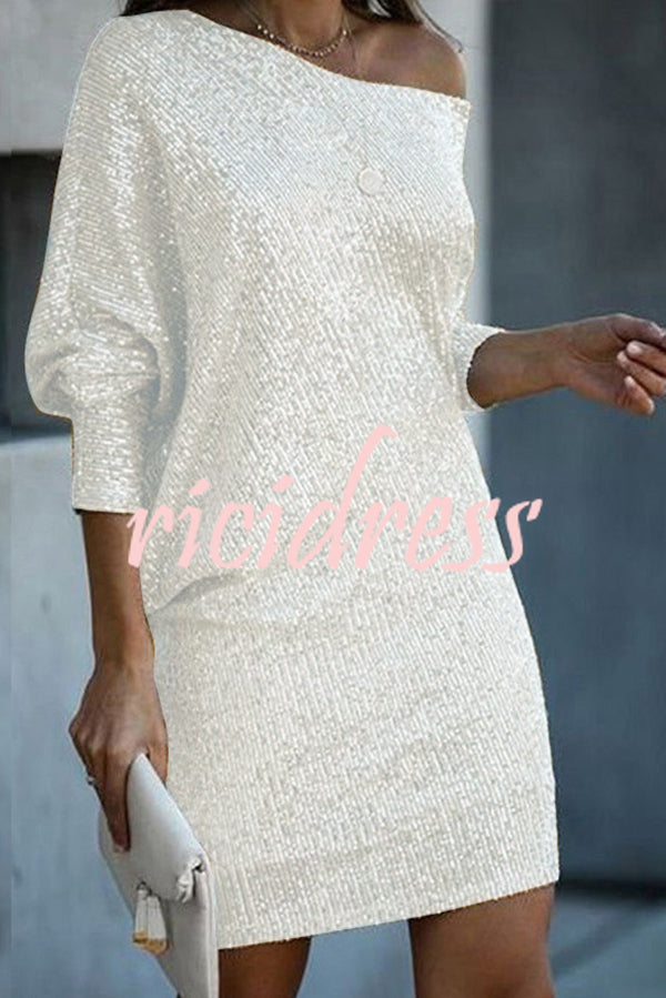 Solid Sequined Off Shoulder Loose Mini Dress