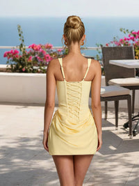 Cicinia Daffodil Graduation Dresses Short Sheath Sleeveless Pleats Square Neckline Mini Dress