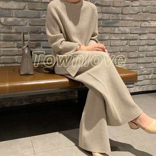 2pcs Womens Knitted Pullover Sweater Loose Wide Legs Trousers Round Neck Suits
