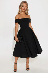 Women's Yara Off Shoulder Midi Dress in Black