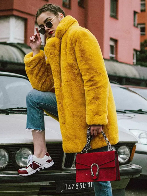Faux Fur Coat Notched Lapel Winter Chic Eco Friendly Long Jacket for Women 2026