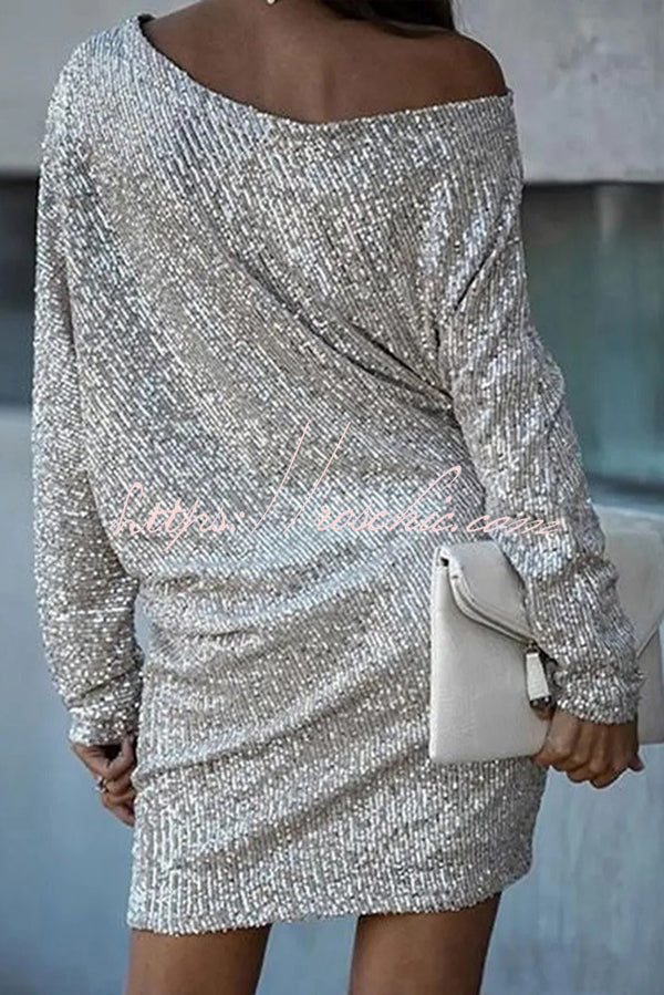Solid Sequined Off Shoulder Loose Mini Dress