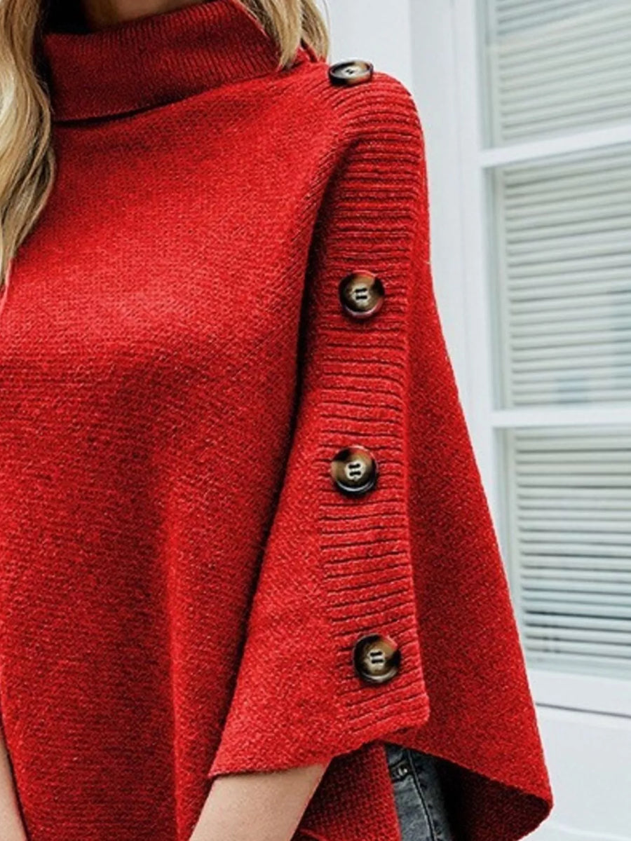 Button Decor Turtleneck Poncho Pullover