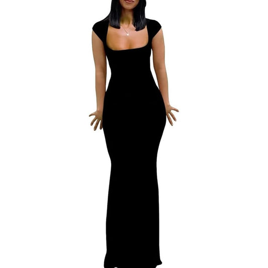 Women Black Sleeve Square Neck Elegant Bodycon Evening Party Long Maxi Dress