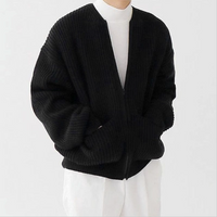 Men's Long Sleeve Crew Neck Zip-Up Ribbed Knit Cardigan with Pockets