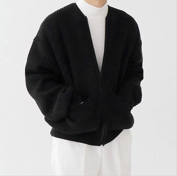 Men's Long Sleeve Crew Neck Zip-Up Ribbed Knit Cardigan with Pockets