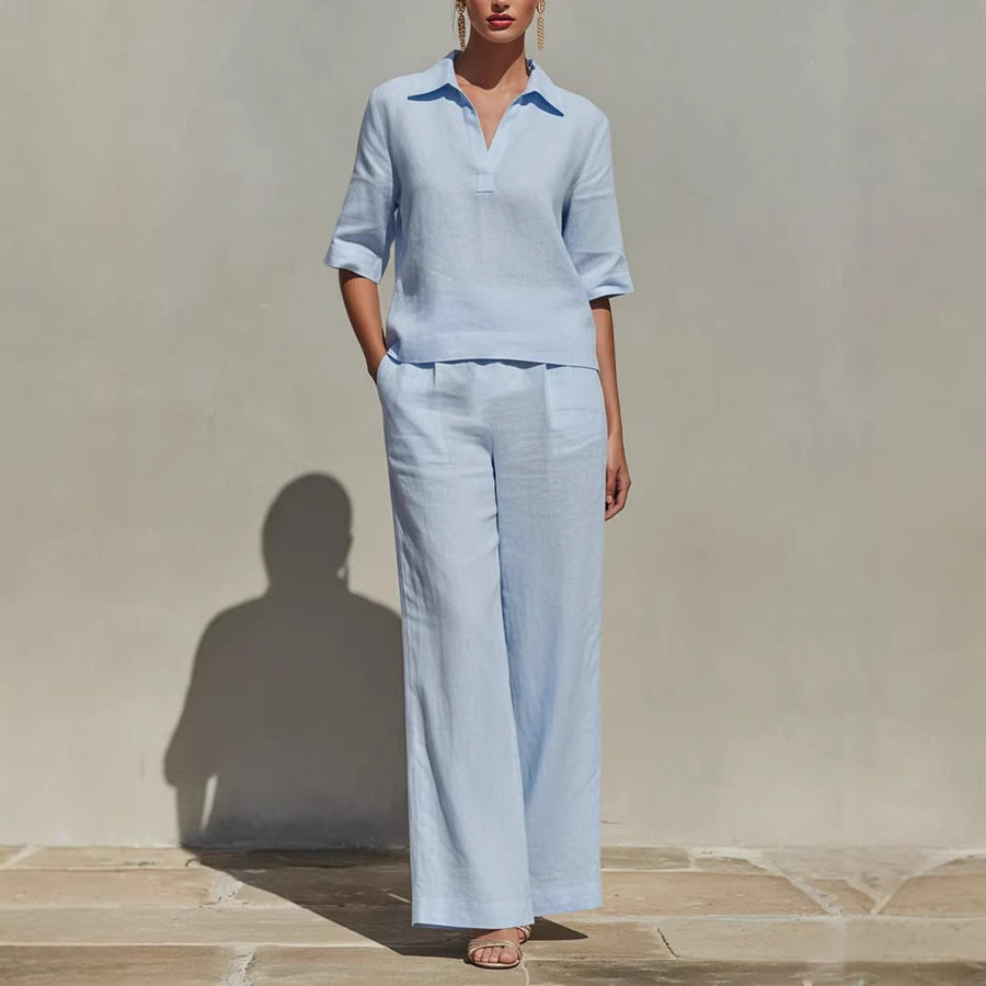 Women's Linen Blend Collared Top and Wide-Leg Trousers Set