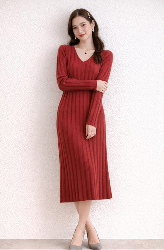 Wool Sweater Dress V Neck Striped Knit Pullover Dress