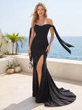 Trumpet Mermaid Off the Shoulder Floor Length Bridesmaid Dresses with Split Side & Ruched