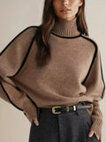 Women's Knit Turtleneck Sweater with Raglan Sleeves and Piped Trim