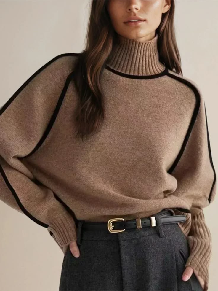 Women's Knit Turtleneck Sweater with Raglan Sleeves and Piped Trim
