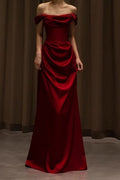 Off Shoulder Wine Red Satin Formal Dress