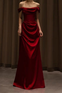 Off Shoulder Wine Red Satin Formal Dress