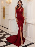 Burgundy Mermaid One Shoulder Party Dress With Split