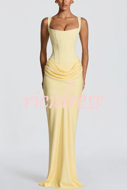 Larrah Square Neck Back Lace-up Satin Drape Hem Maxi Dress