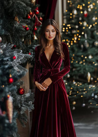 Velvet Long Dress in Burgundy: with Long Sleeves Floor Length Gown for Holiday Parties Fall Winter Weddings and Special