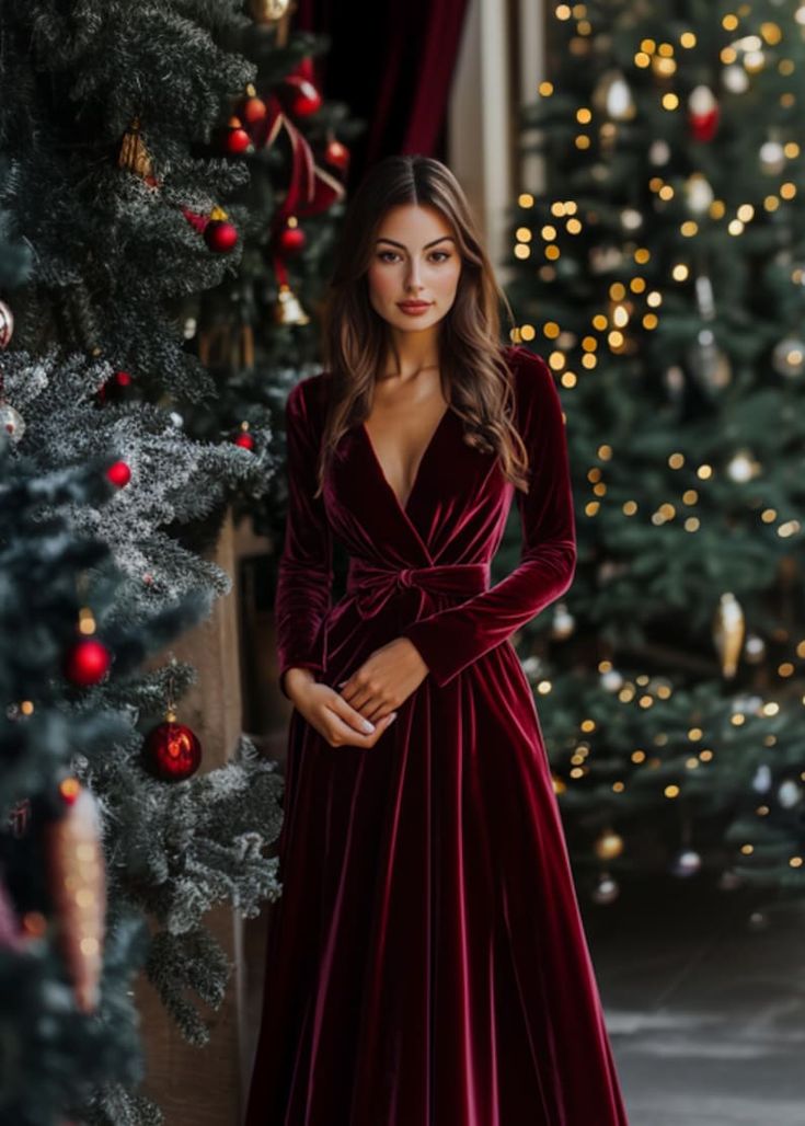 Velvet Long Dress in Burgundy: with Long Sleeves Floor Length Gown for Holiday Parties Fall Winter Weddings and Special