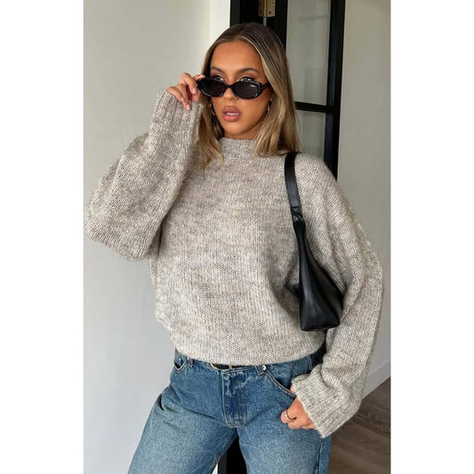 Women‘s Ribbed Mock Neck Sweater Drop Shoulder Cropped
