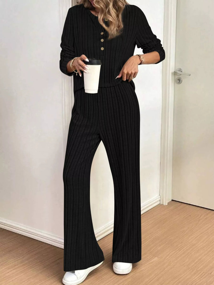 Ribbed Knit Button Front Top and Pants Set