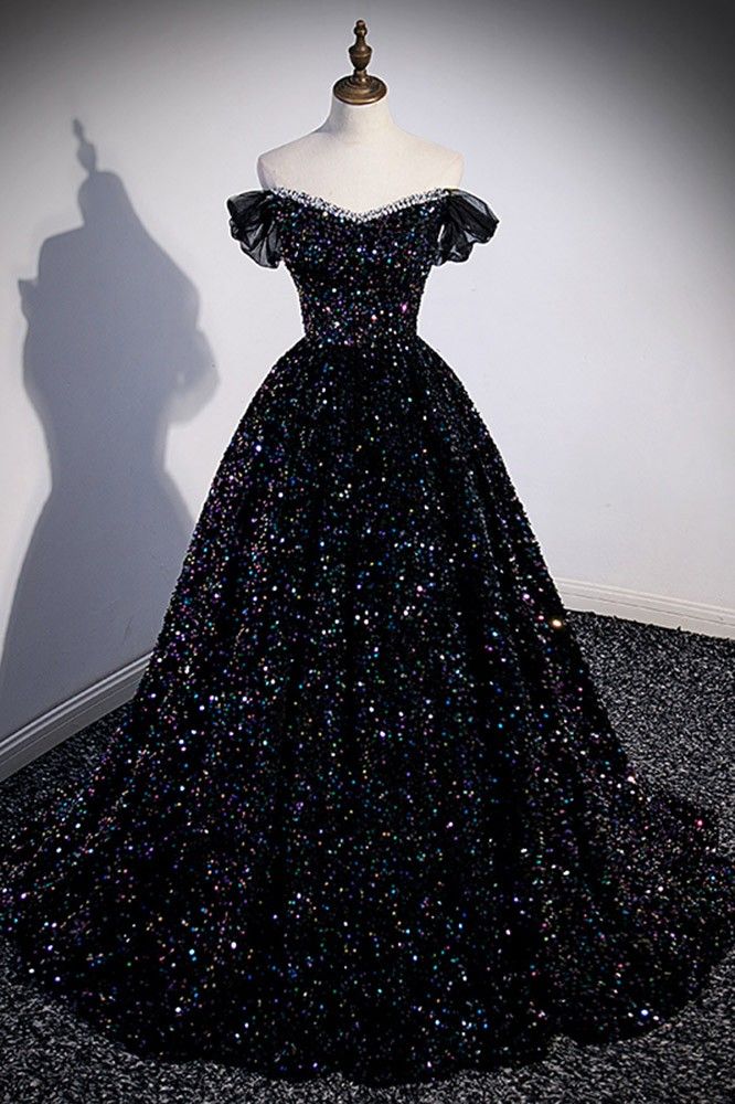 Colorful Bling Black Sequined Prom Dress For Parties