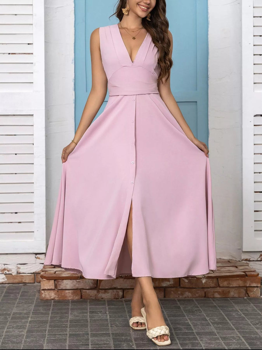 Slit V-Neck Sleeveless Dress