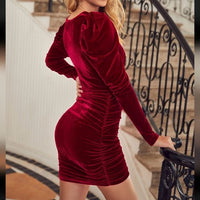 Shein Bae Gigot Sleeve Ruched Velvet Bodycon Sexy Dress