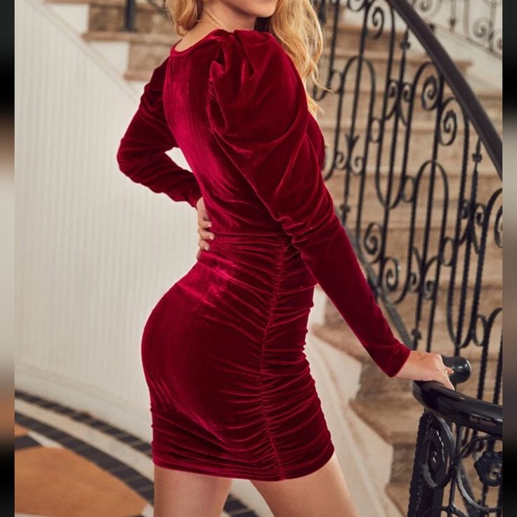 Shein Bae Gigot Sleeve Ruched Velvet Bodycon Sexy Dress