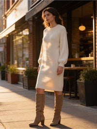 Ann Taylor Women’s Crean Knit Wool Blend Long Sleeve Classic Sweater Dress