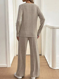 Ribbed Knit Button Front Top and Pants Set