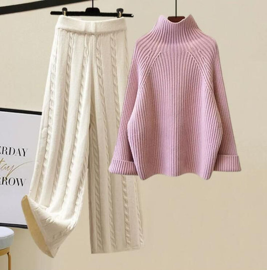 2pcs Suit Women's Knitted High Neck Sweater Wide Leg Pants High Waist Formal Sz