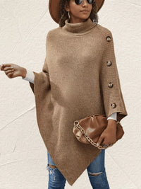 Button Decor Turtleneck Poncho Pullover