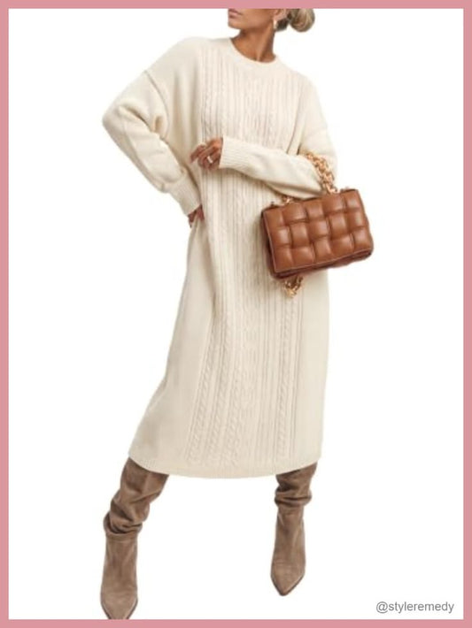 Women's Wool Blend Oversized Cable Knit Long Sleeve Sweater Dress