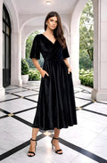 Velvet V Neck Midi Dress Short Sleeve Formal Dress Velvet Bridesmaid Dress Elegant a Line