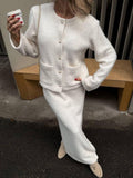 Knit Two Piece Skirt Set with Cropped Cardigan Long Straight Skirt with Slit Soft Cozy