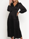 Rowen Long Sleeve Satin Midi Dress Medium Tiered V Neck