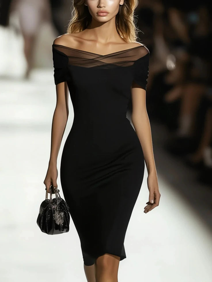 Women Elegant Knee Length Dress Natural Bodycon Cold Shoulder Jersey Summer For Together