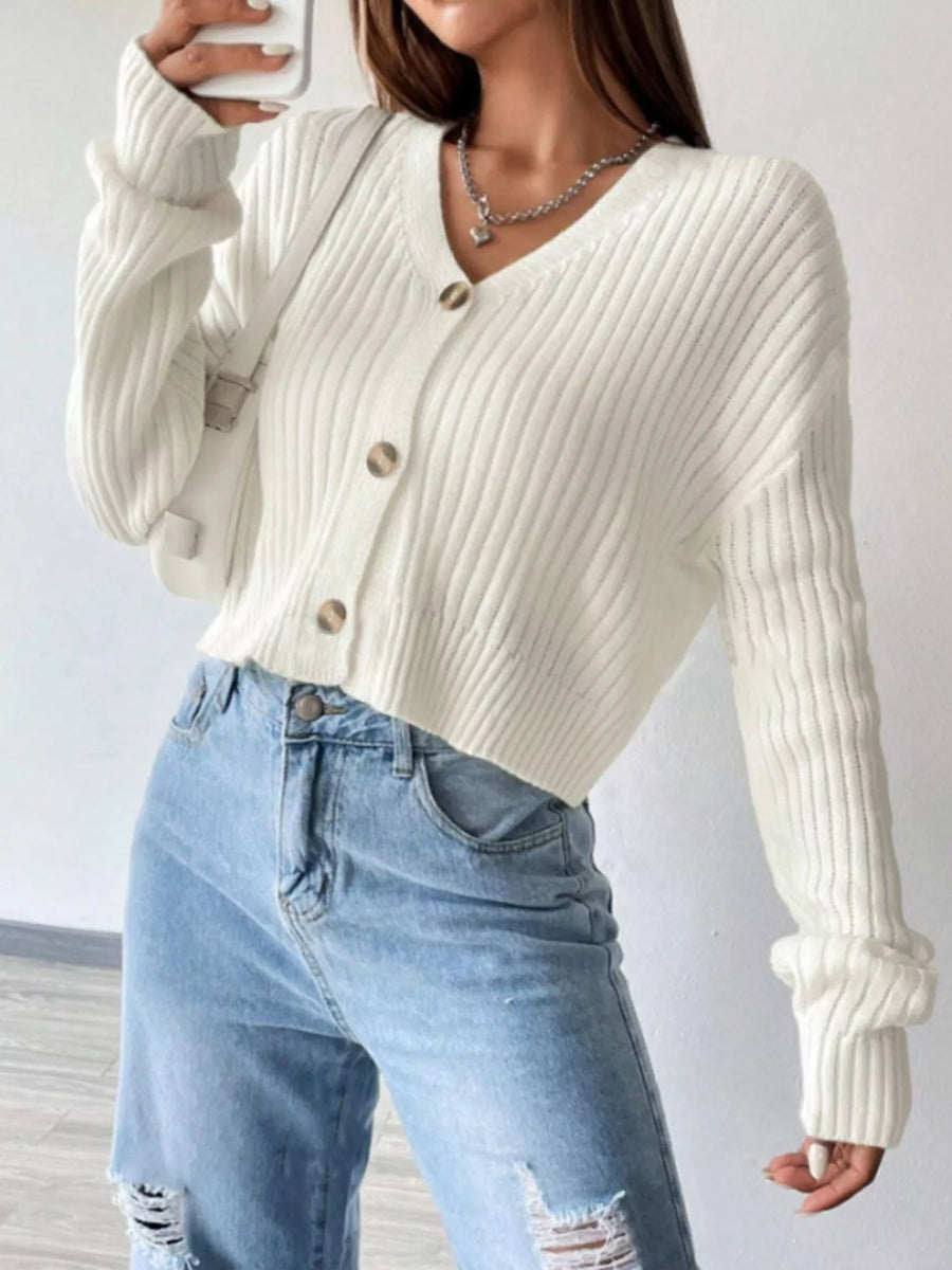 Ribbed Knit Button Up Cropped Cardigan