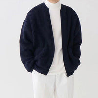 Men's Long Sleeve Crew Neck Zip-Up Ribbed Knit Cardigan with Pockets
