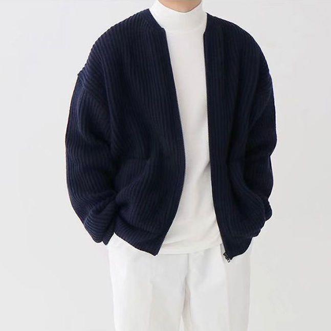 Men's Long Sleeve Crew Neck Zip-Up Ribbed Knit Cardigan with Pockets