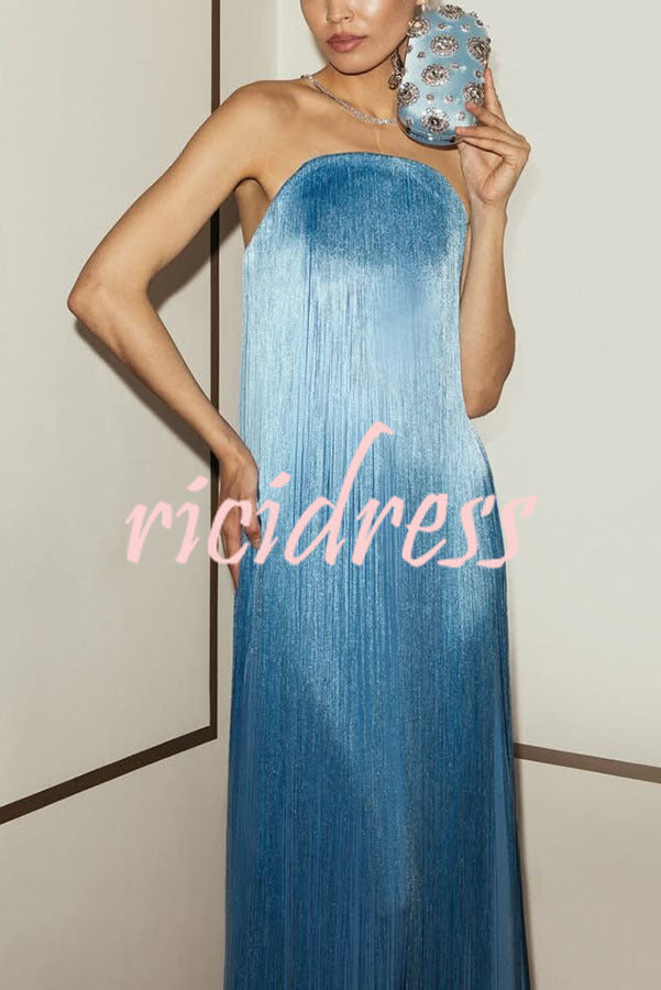 Dreamy Eye-catching Shiny Fringes Off Shoulder Floor-length Gown Maxi Dress