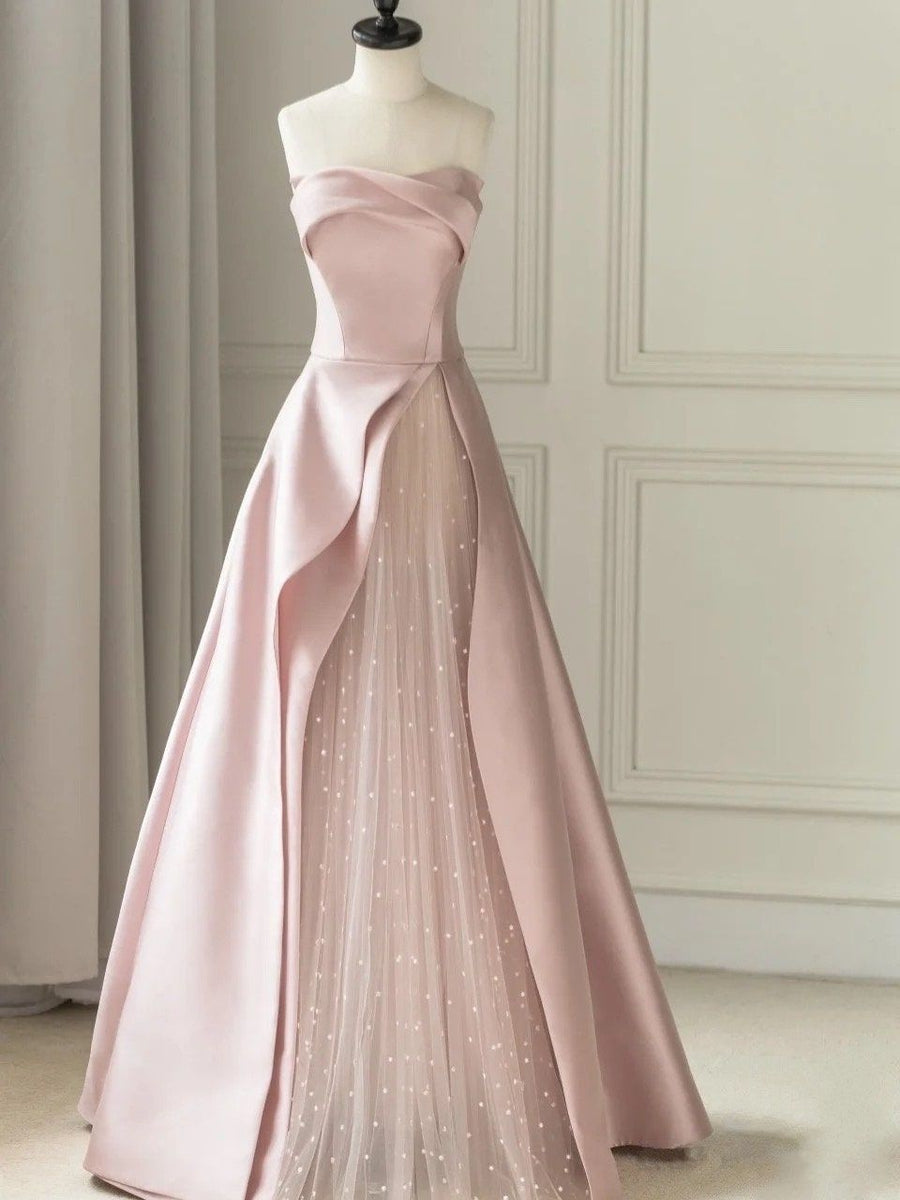 Charming A line Strapless Black Satin Pink Tulle Prom Dresses Vestidos De Dia HZ0311