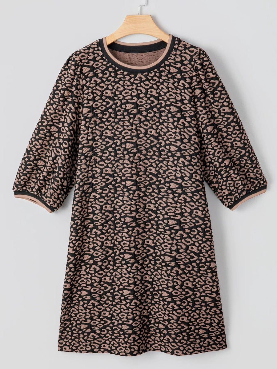 Leopard Print Bubble Sleeve Shift Mini Dress