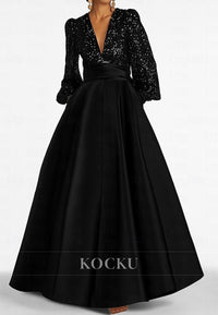 A-Line Floor Length Evening Gown Long Sleeve V Neck Pocket Satin Sequined Mother of the Bride Dress