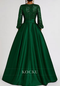 A-Line Floor Length Evening Gown Long Sleeve V Neck Pocket Satin Sequined Mother of the Bride Dress