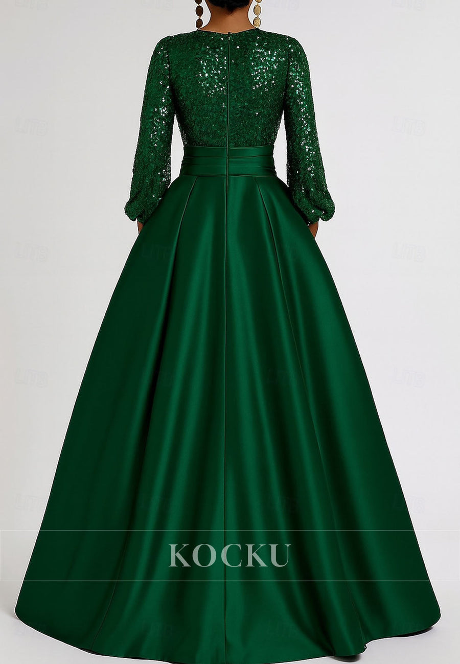 A-Line Floor Length Evening Gown Long Sleeve V Neck Pocket Satin Sequined Mother of the Bride Dress
