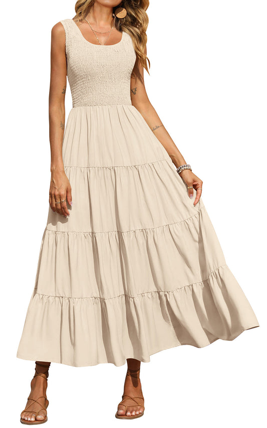 PRETTYGARDEN Women's 2026 Casual Loose Plain Maxi Sundress Smocked Tank Dress Sleeveless Summer Beach Tiered Long Dresses
