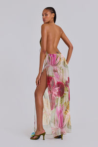 Dahlia Hand-Beaded Backless Chiffon Maxi Dress in Rosa